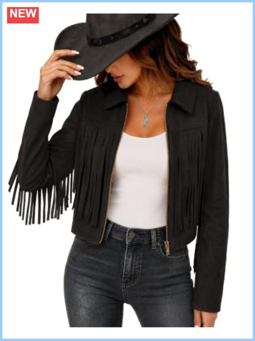Faux Suede Fringe Jacket Cropped Western Zip Up Coat